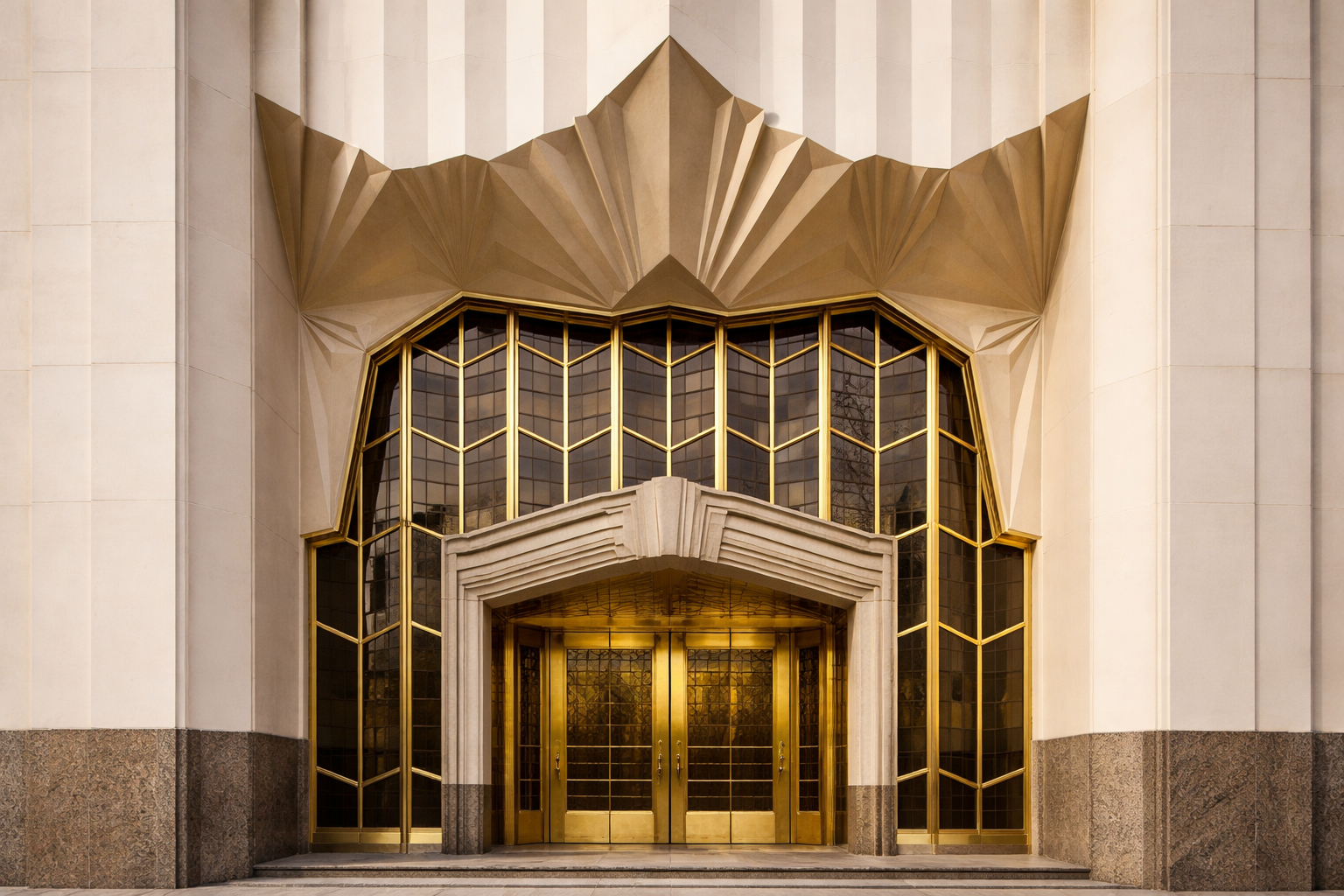 The chiseled, angular shapes of an Art Deco building entrance