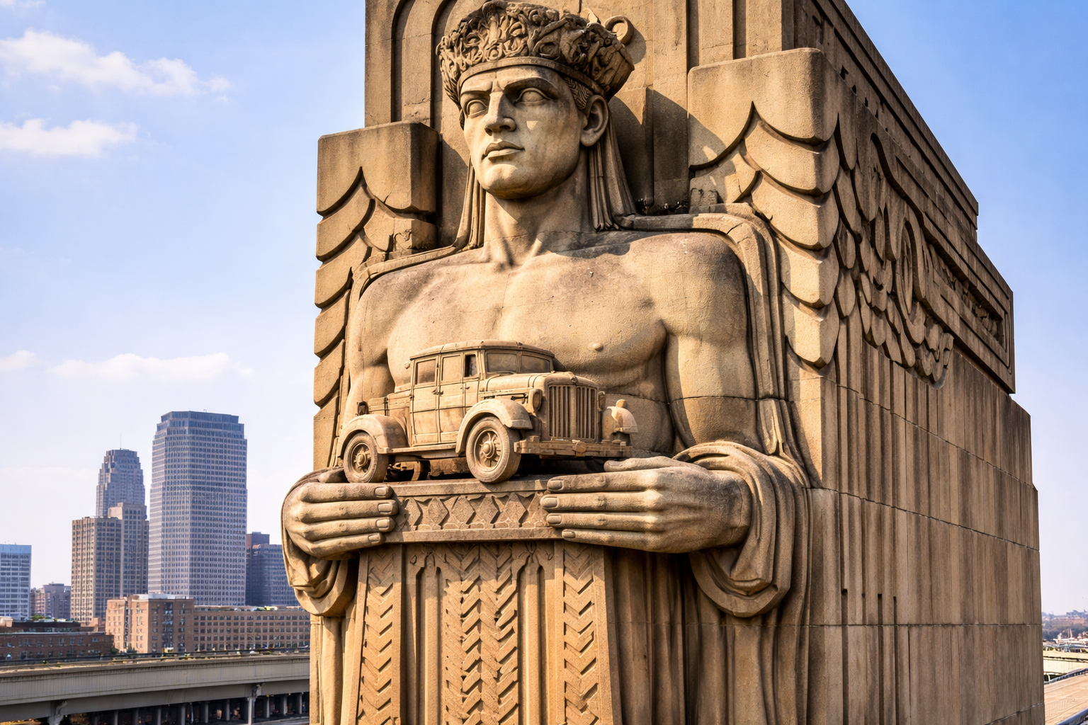Art Deco figurines on a bridge