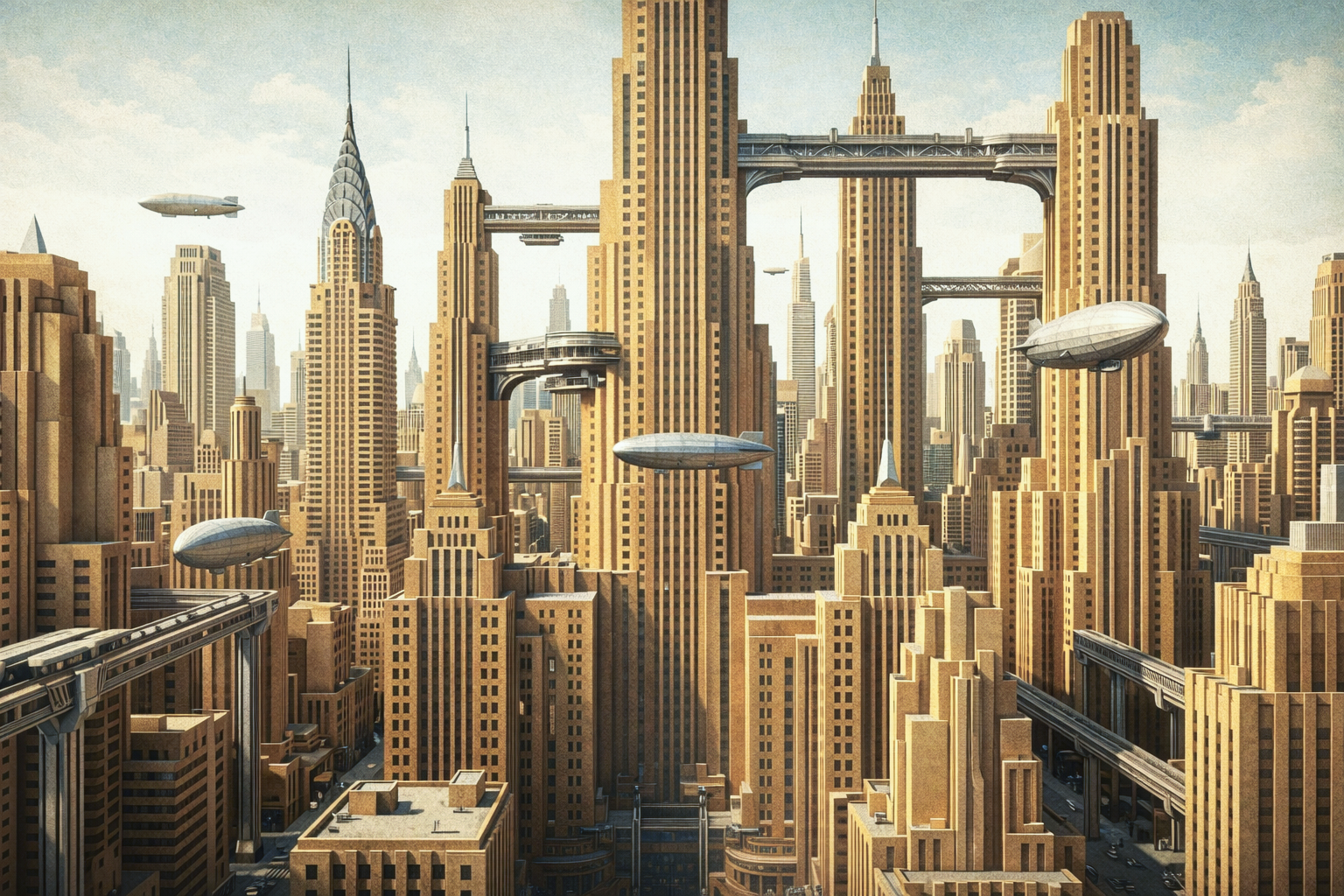 A retrofuturistic cityscape with an Art Deco flair