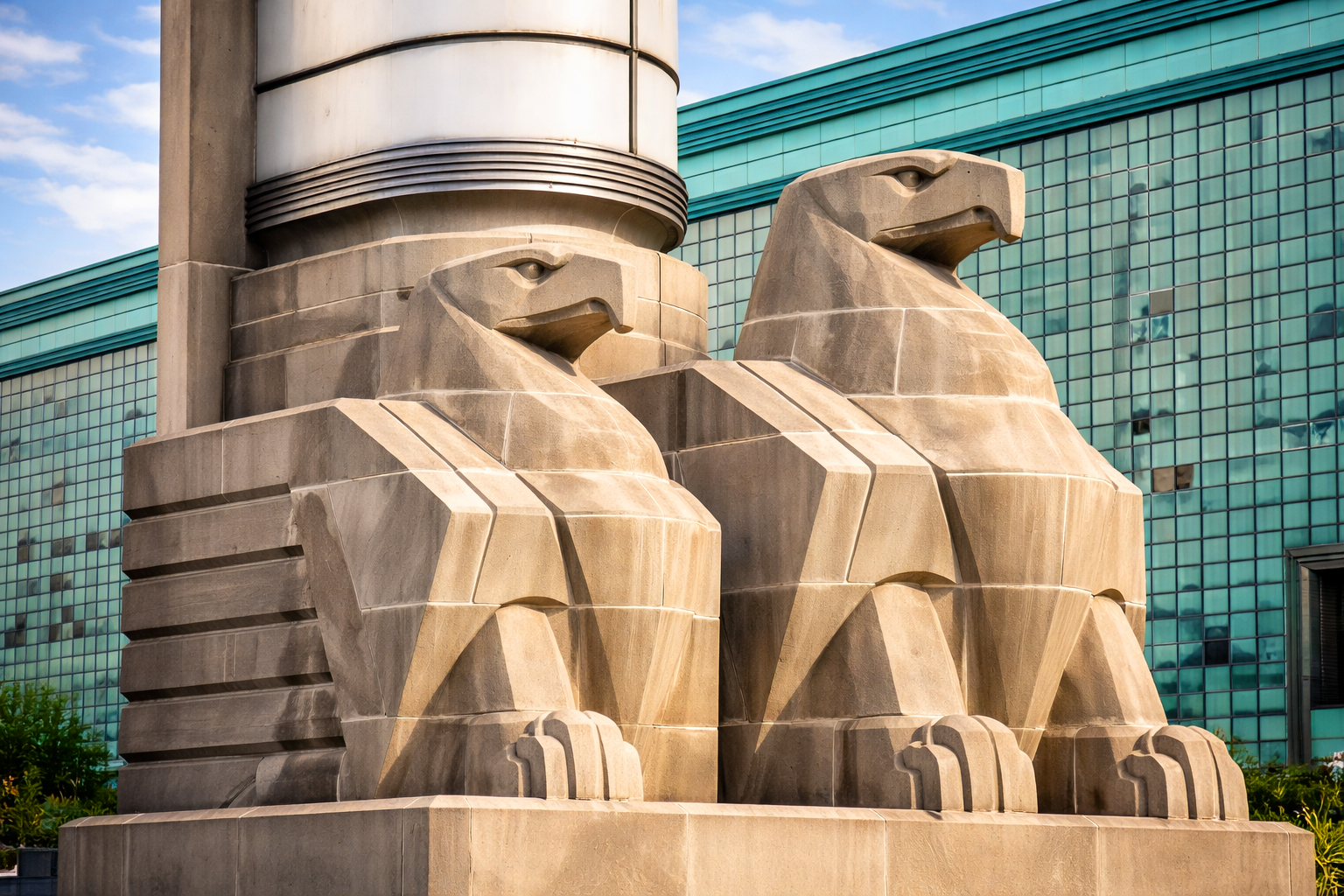 Stylized Art Deco eagles on the roof of a building