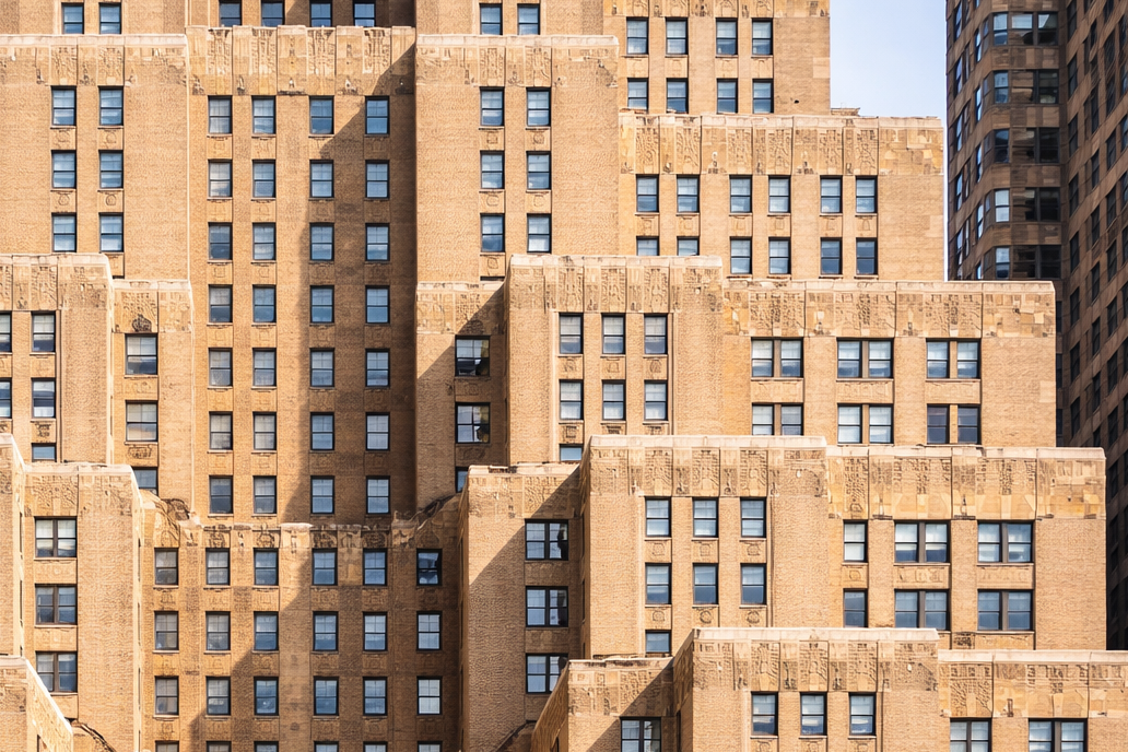 The stepped sections of an Art Deco building