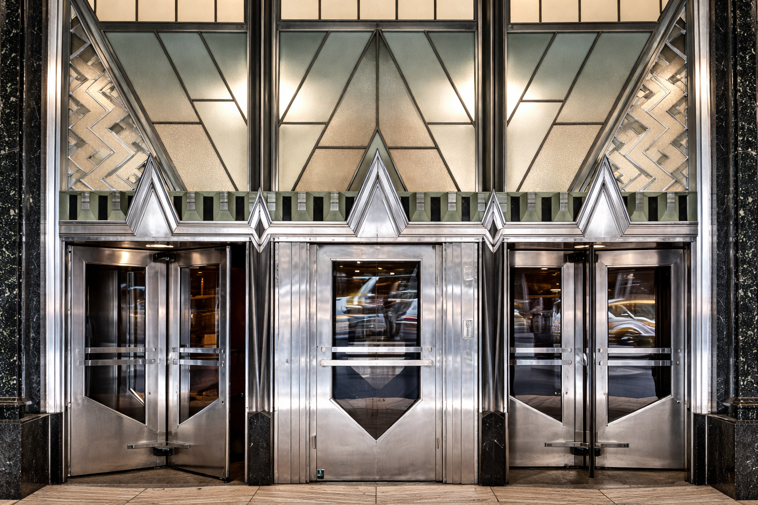The geometric designs of the entrance to an Art Deco building