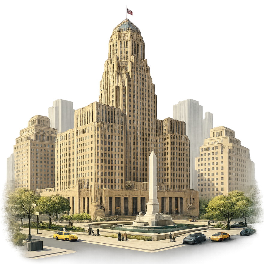 An illustration of an Art Deco building