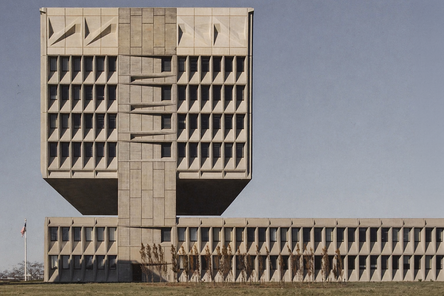 The Brutalist profile of the Armstrong Rubber Building in West Haven, CT