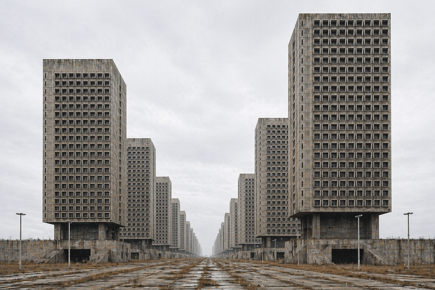 A dystopian image with Brutalist buildings