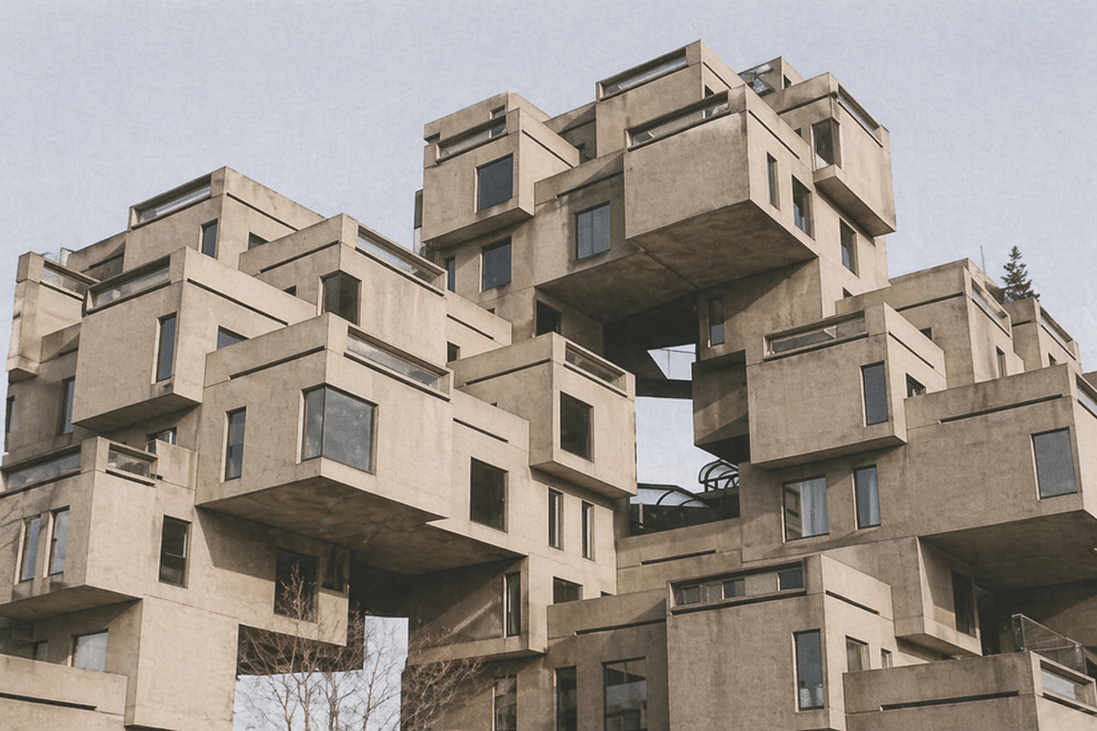 Blocky, cubic shapes on the Habitat 67 buildings in Montreal