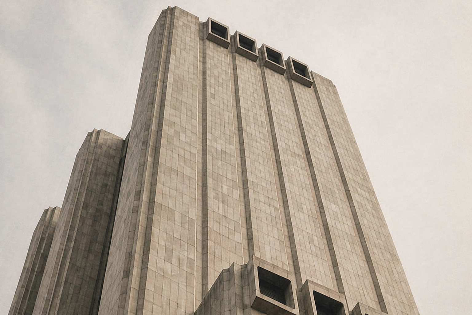 Looking upwards at the imposing presence of 33 Thomas Street in NYC