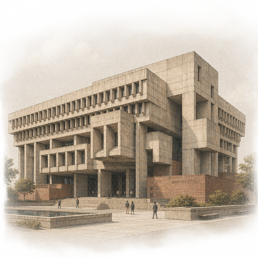 An illustration of a Brutalist building