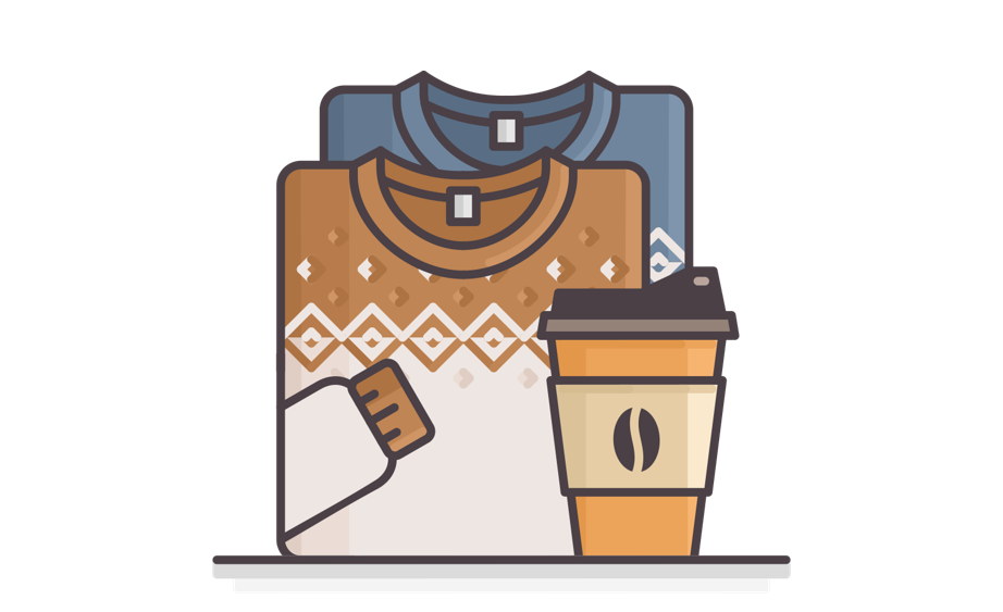 Orange and blue sweaters with coffee cup icon