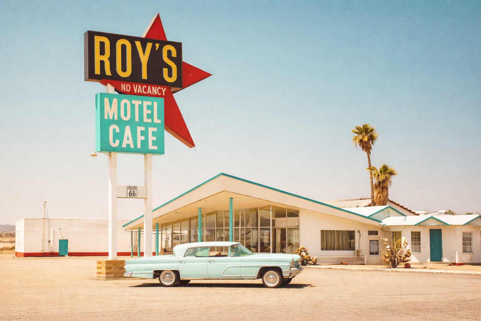 Exterior shot of a Googie-style building and sign, with a vintage car