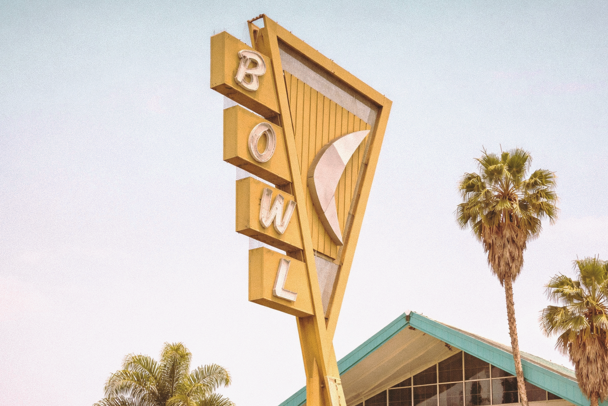 Close-up of a Googie-style sign