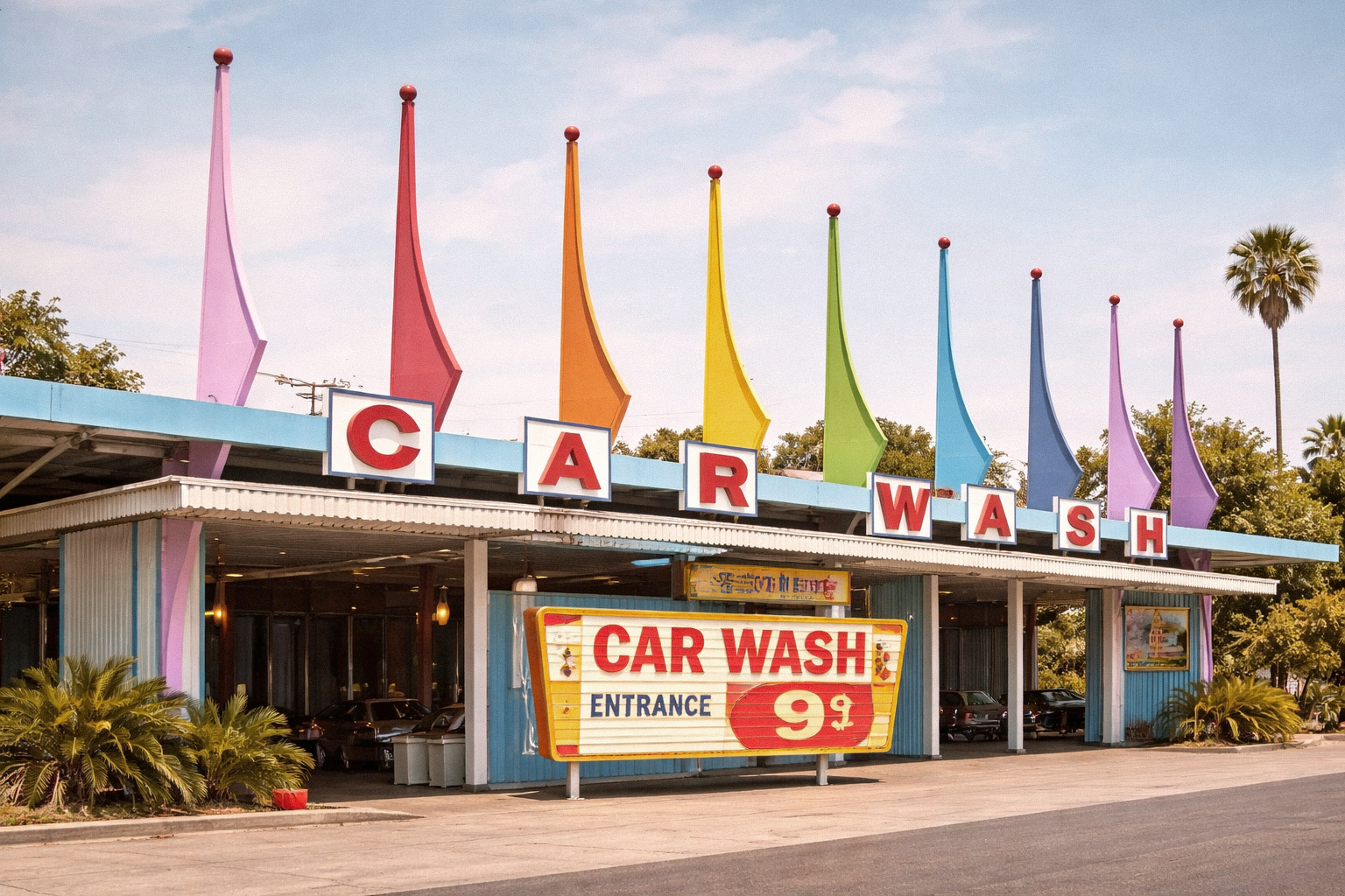 Colorful, Googie-style pylons on top of a car wash