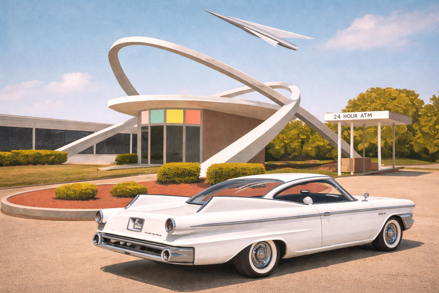 A retrofuturistic scene of a car, building and spacecraft
