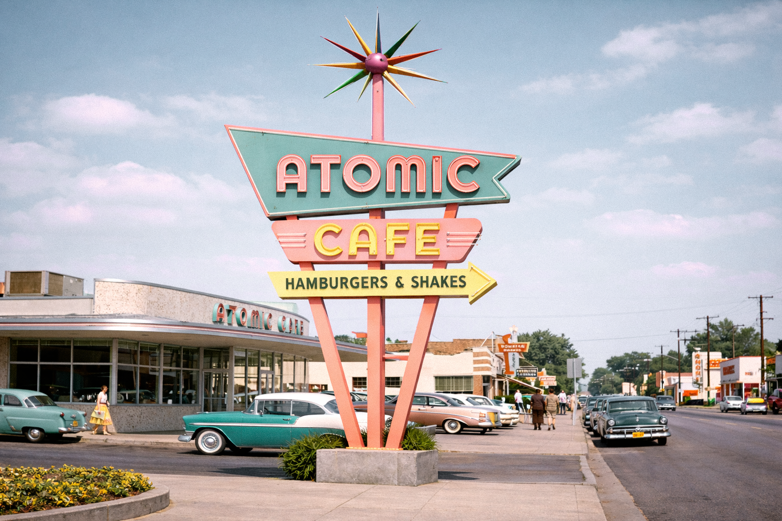 Exterior shot of an atomic-themed cafe and sign