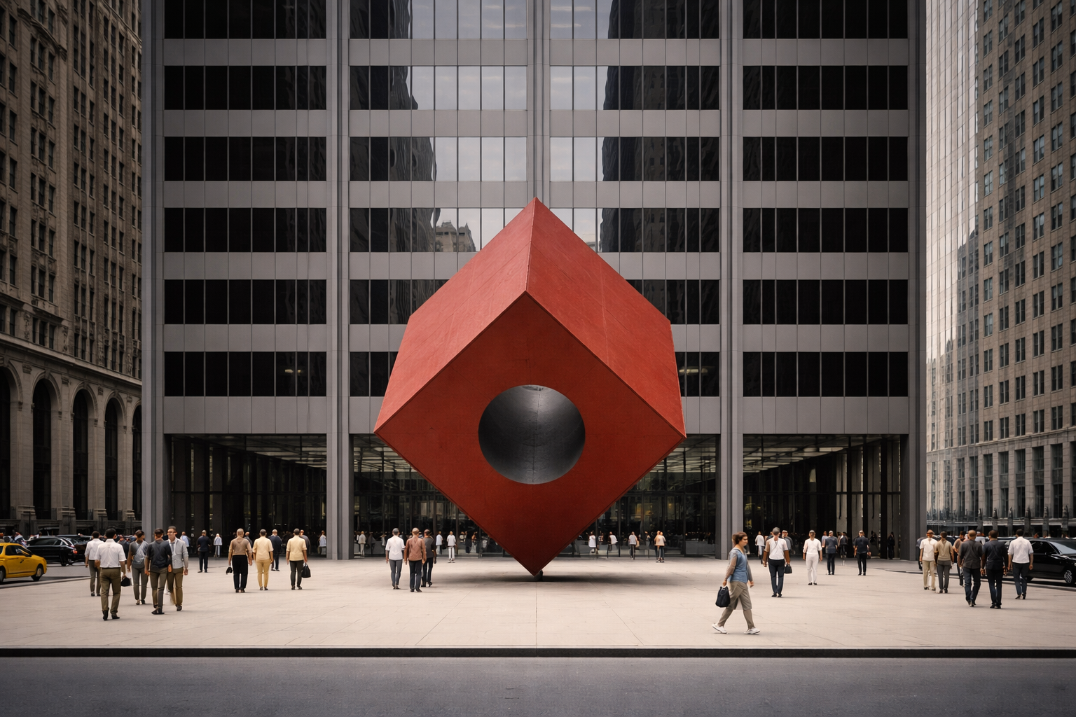 Minimalist plazas An abstract red cube in front of an International Style building