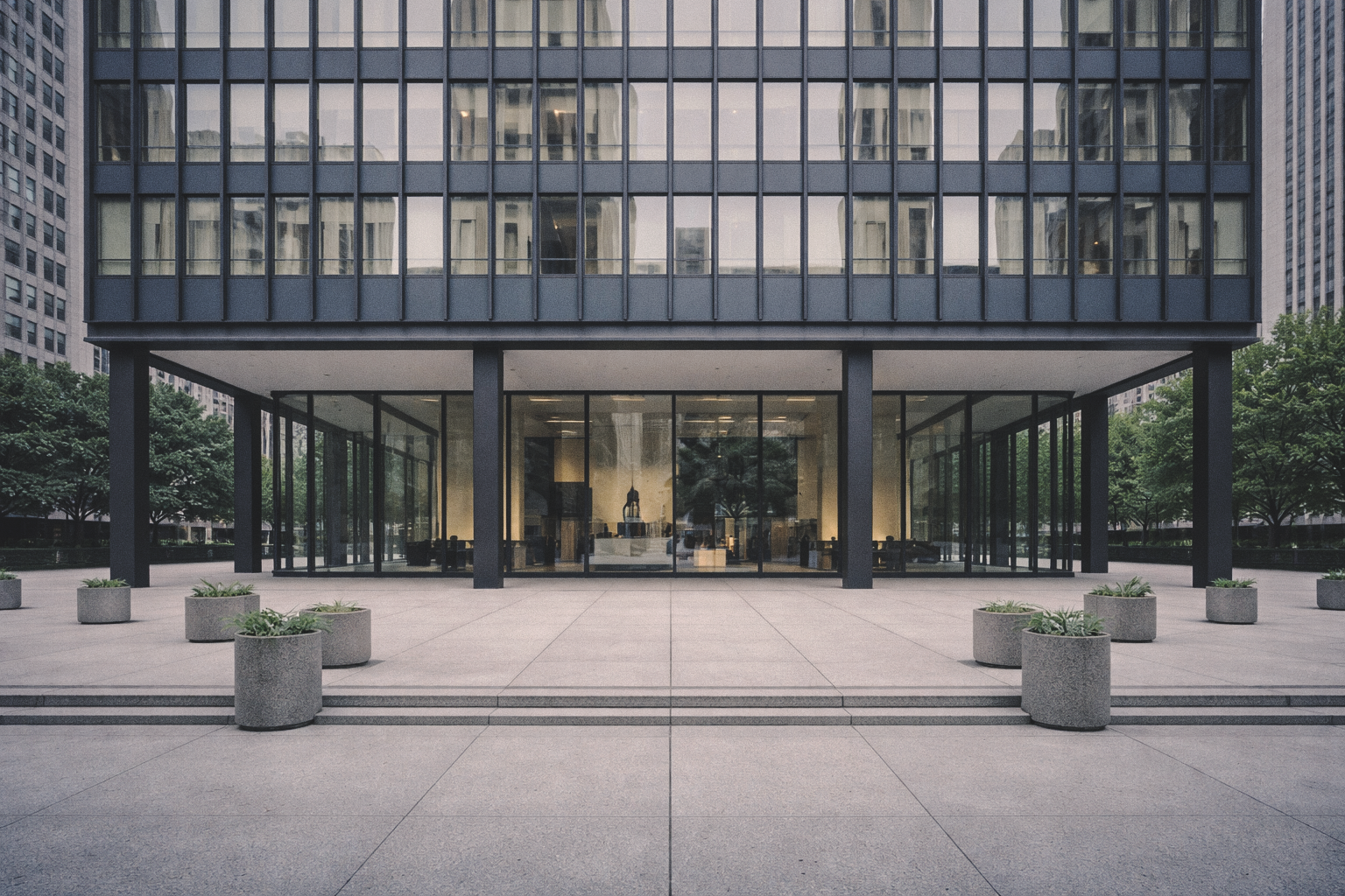 Cantilevered bases The cantilevered base and plaza of an International Style building