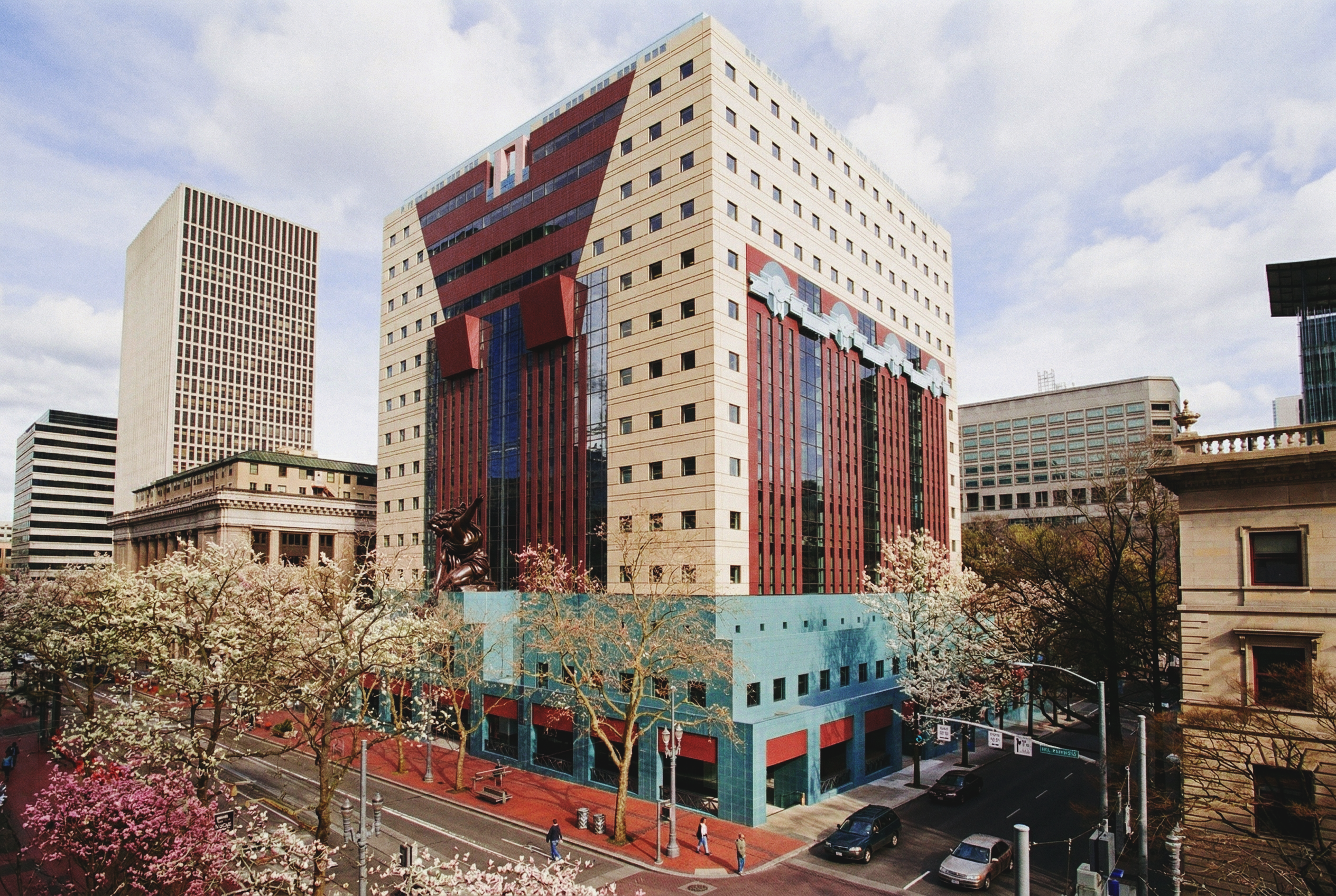 The postmodern structure of the Portland Municipal Services building with stylized columns running down its face