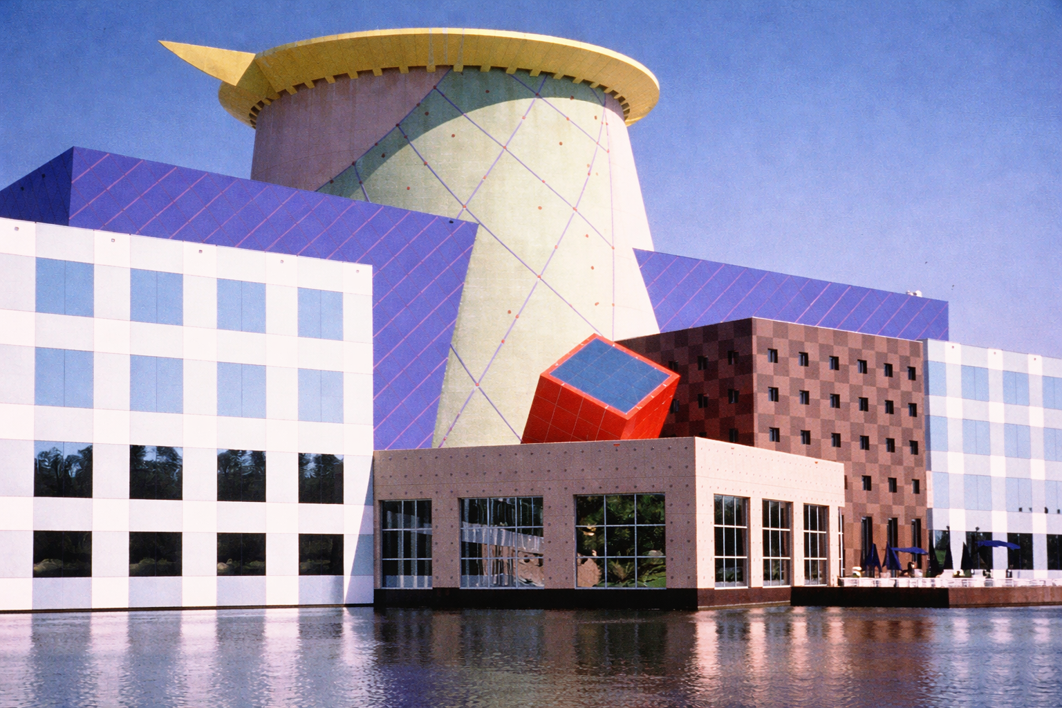 The colorful and slightly retro Disney headquarters building in Orlando