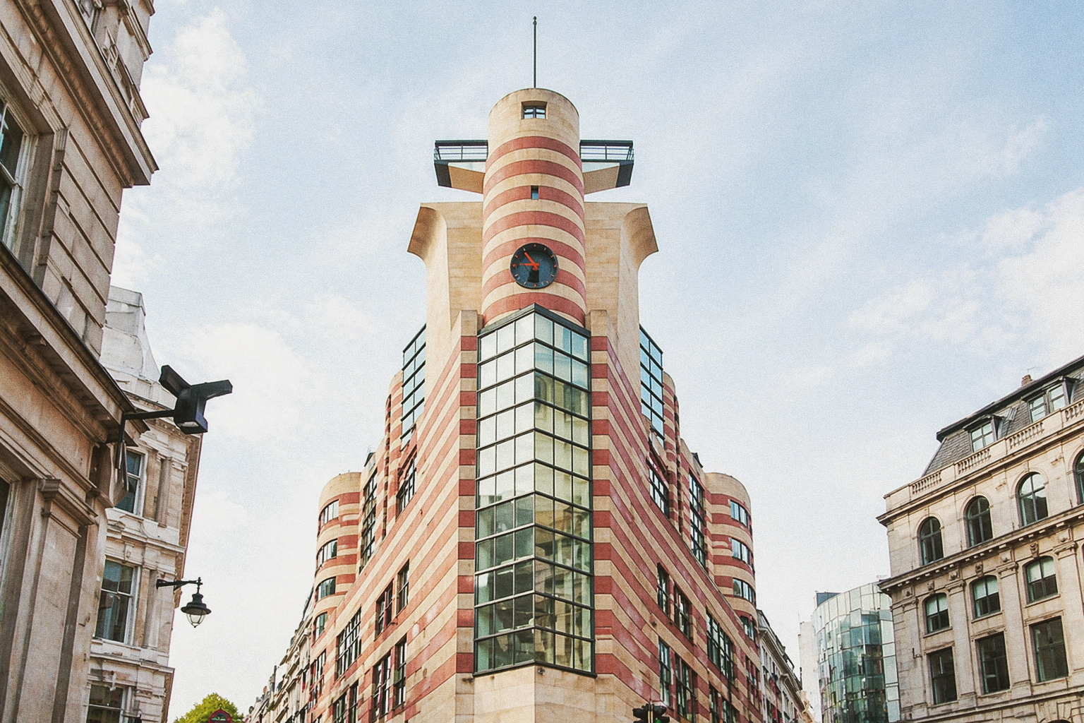 Pink and beige stripes on the postmodern No 1 Poultry building in London