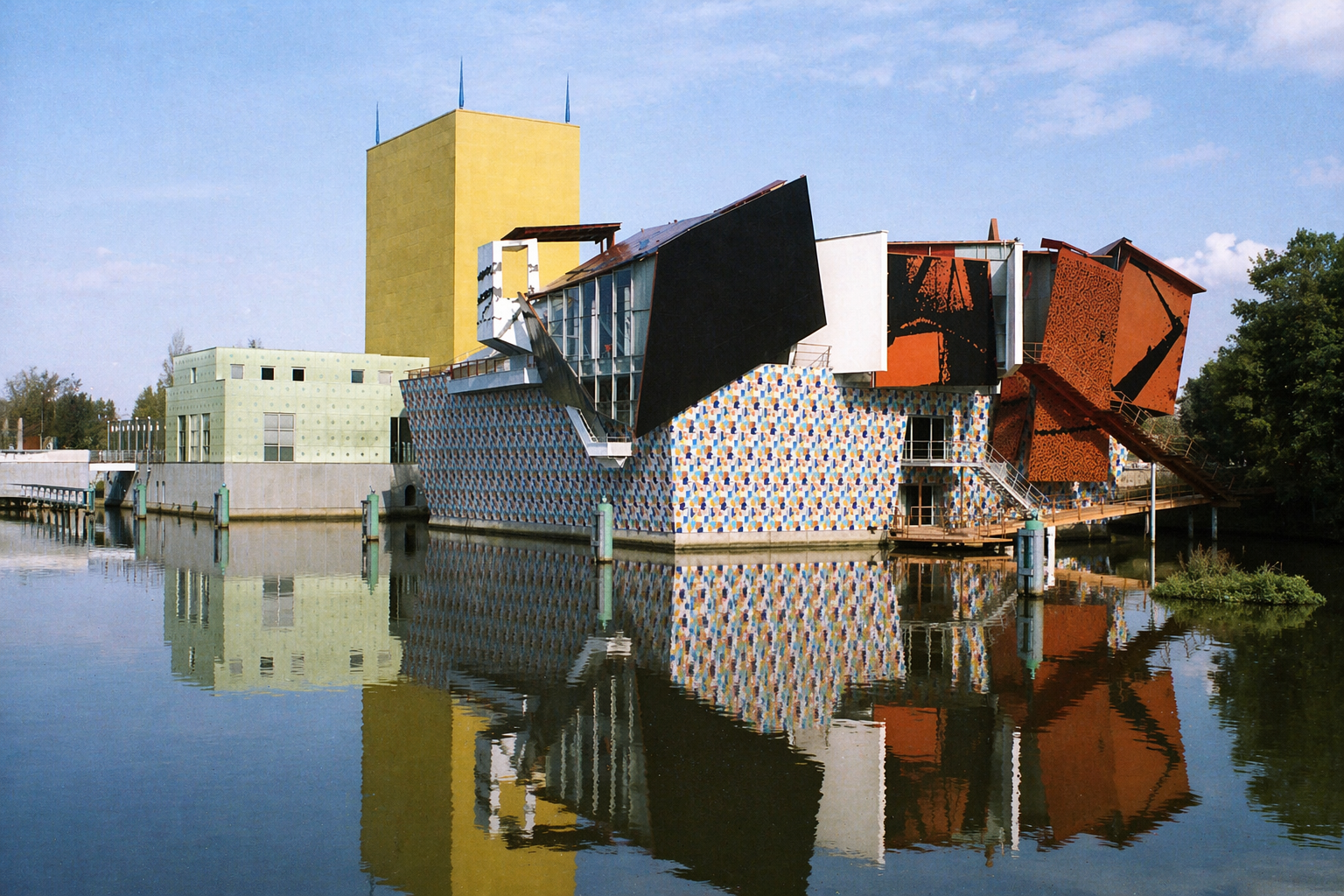 Colorful and jagged shapes of the Groninger Museum in the Netherlands