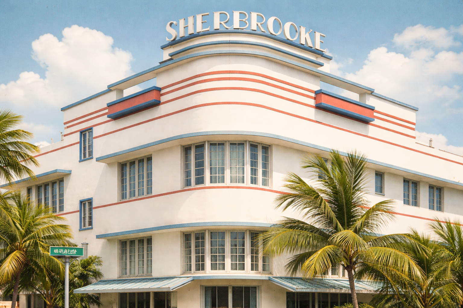 Rounded corners A Streamline Moderne hotel with red and blue accents