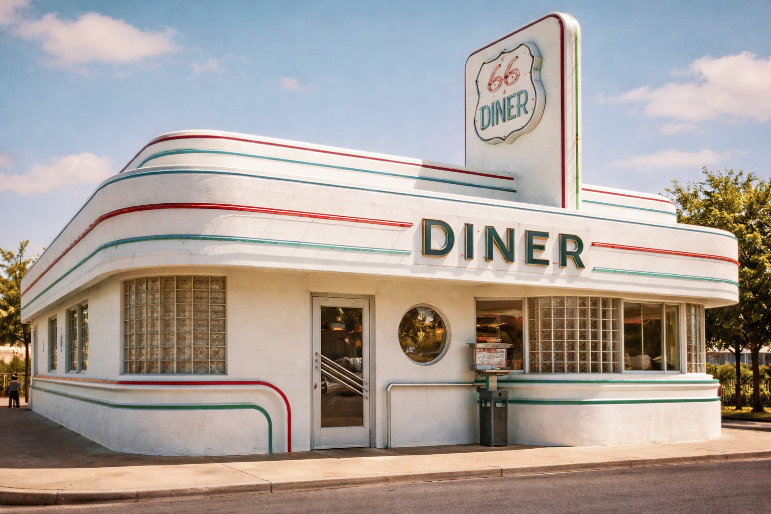 Racing stripes A cream colored Streamline Moderne diner with red and teal stripes