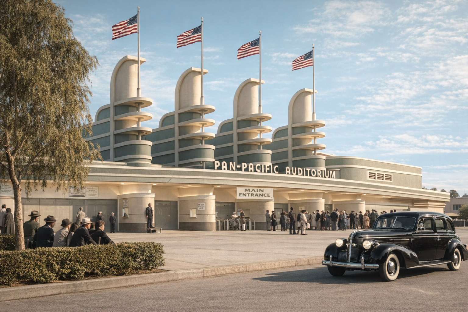 (Aero)nautical themes Nautical projections on top of a Streamline Moderne auditorium building