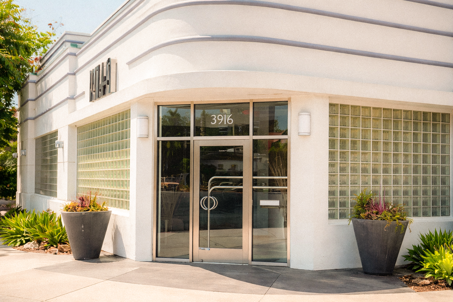 Glass brick windows The entrance to a Streamline Moderne building, with large glass brick window sections