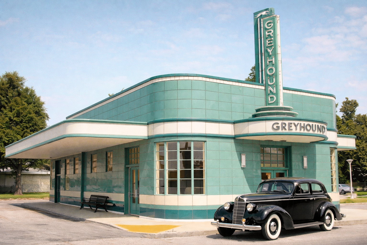 Pastels A Streamline Moderne Greyhound bus terminal covered in teal tiling