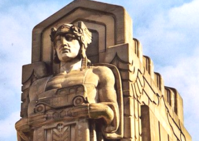 Close up of an Art Deco statue on a bridge