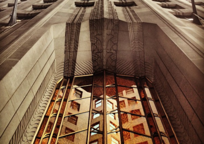 Angular archway of Art Deco building