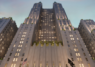 Upward view of an Art Deco building
