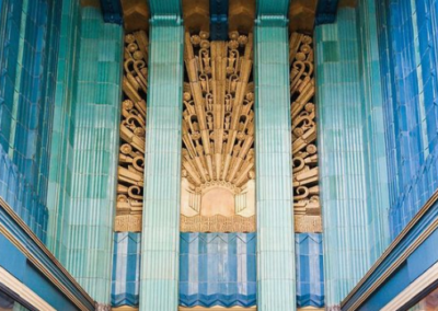 Detail of the colorful entrance to an Art Deco building