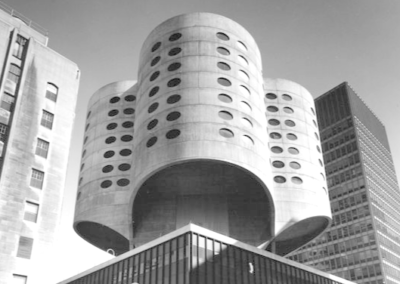 Retro-futuristic Brutalist building in Chicago