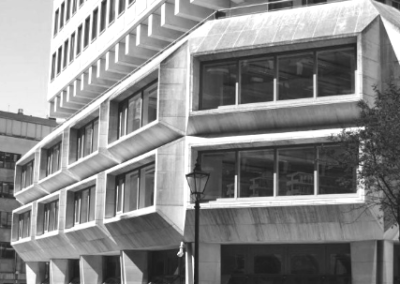 Close up of windows on a Brutalist building in London