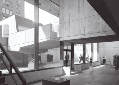 Bright interior of a Brutalist building