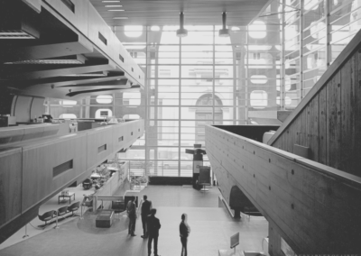 Cavernous interior of a Brutalist building