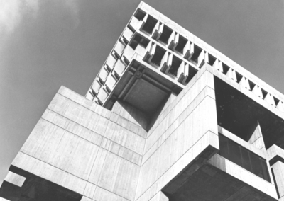 Close up of the overhang on a Brutalist building