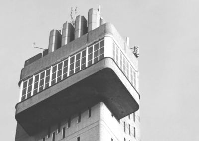 Close up of the overhang on a Brutalist tower