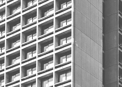 Close up of modular shapes on a Brutalist building