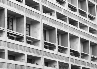 Close up of modular units of a Brutalist building
