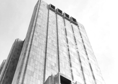 Imposing Brutalist structure at 33 Thomas Street in New York