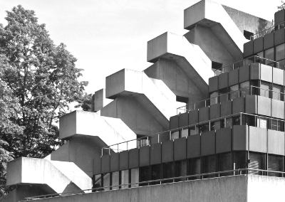 Close up of the stairwells of a Brutalist building