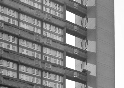 Close up of the elevator shaft on a Brutalist tower