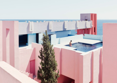 Pink and blue pastel postmodern building