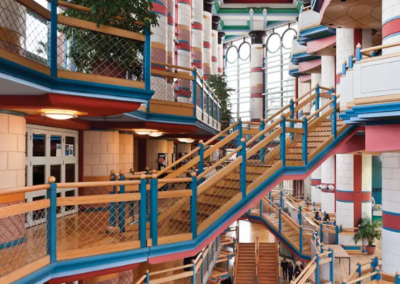 Colorful staircase and postmodern building interior