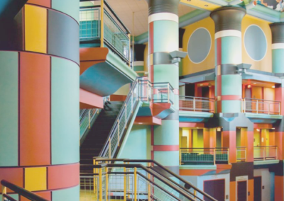 Colorful staircase and postmodern interior