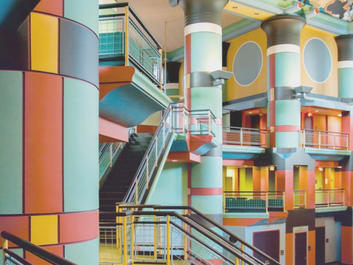 Colorful staircase and postmodern interior