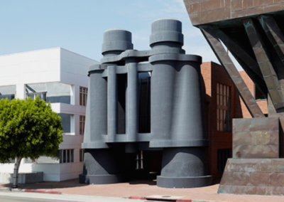 Postmodern building shaped like binoculars