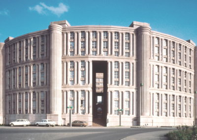 Postmodern building designed like a colosseum